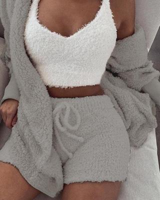 Fluffy Knit Shorts 3-Piece Pajama Set