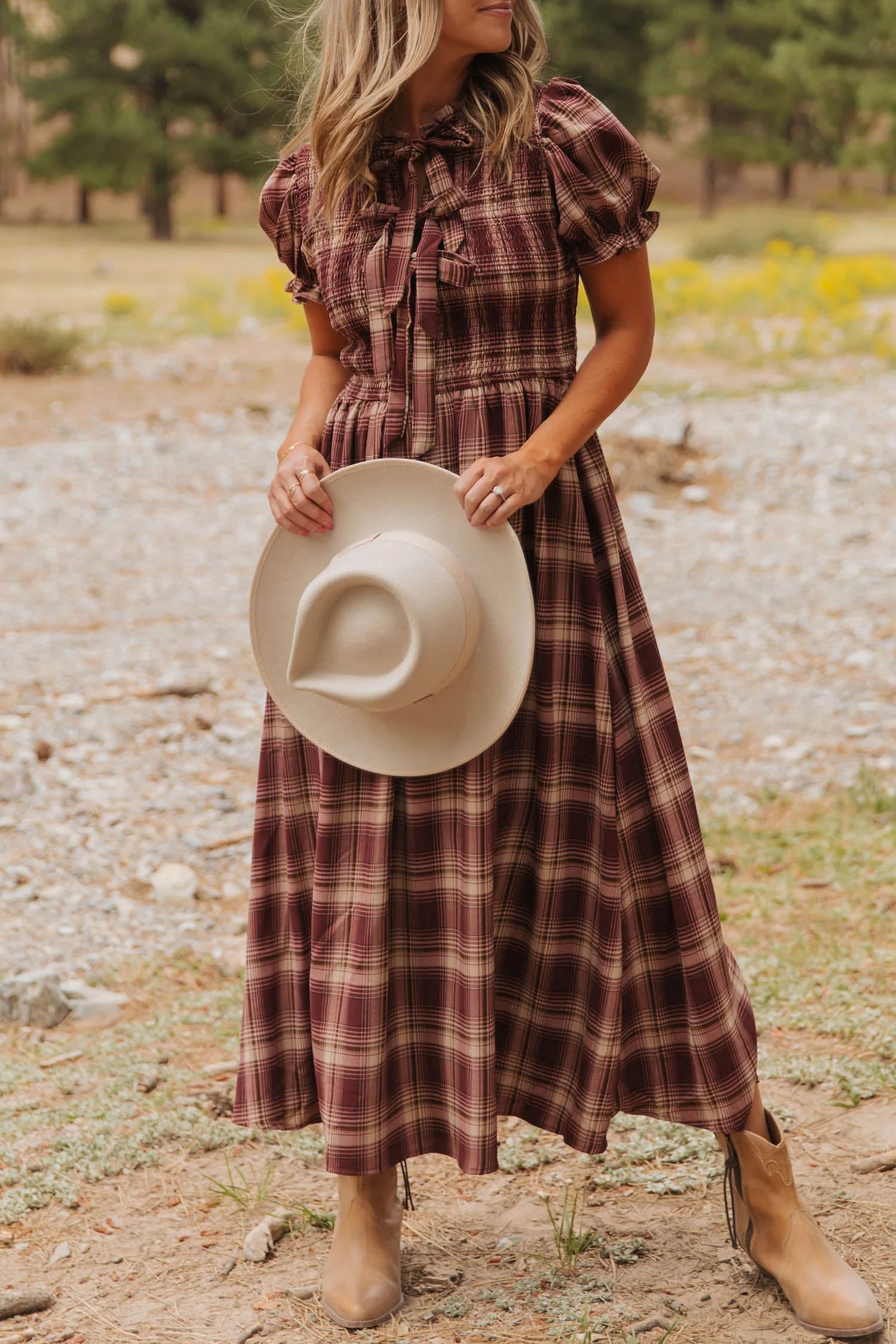 Plaid Knot-Front Smocked Midi Dress
