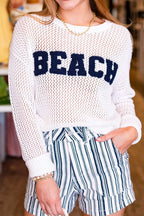 Chenille BEACH Lettering Cut-Out Knit Sweater