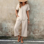 Button-Front Top and Cropped Wide-Leg Pants Set