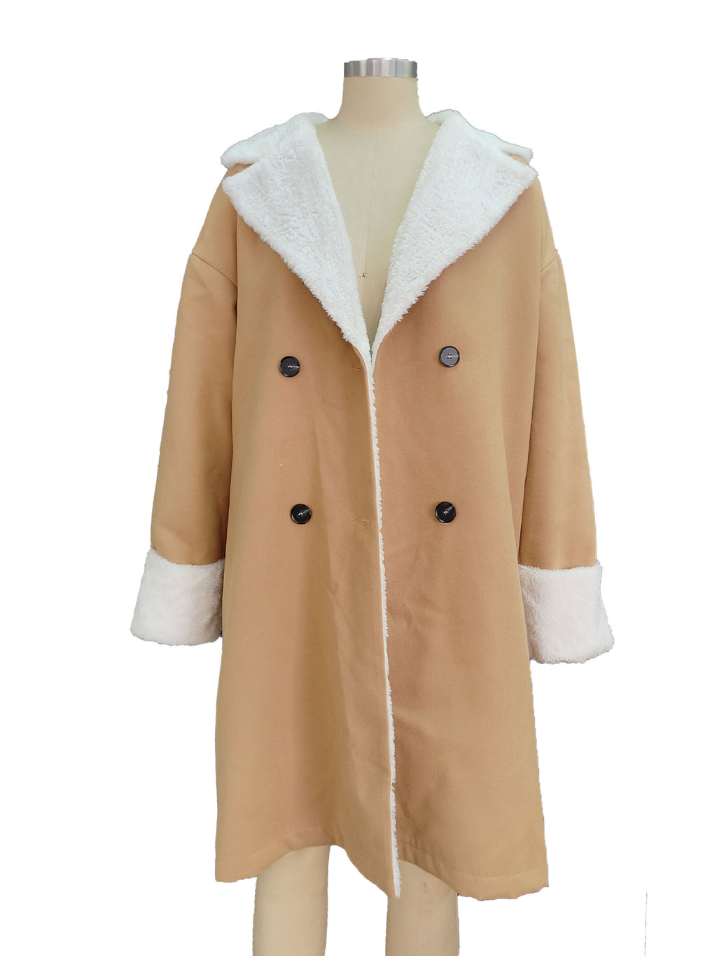 Plush-Trim Double-Breasted Longline Coat