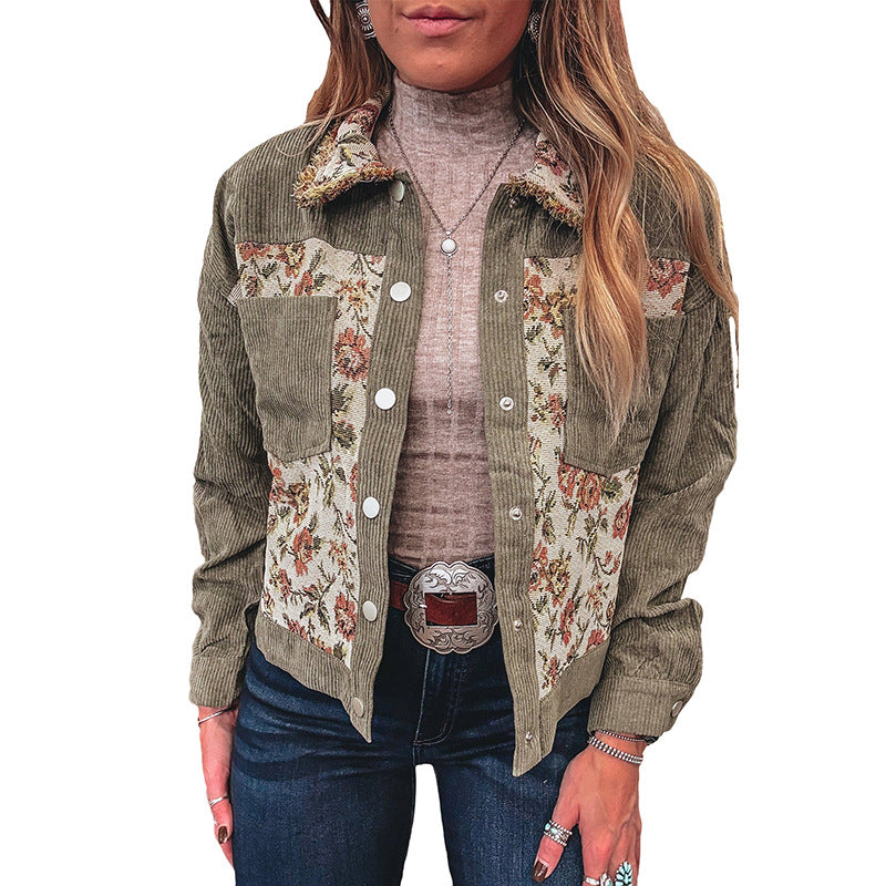 Floral Panel Corduroy Trucker Jacket