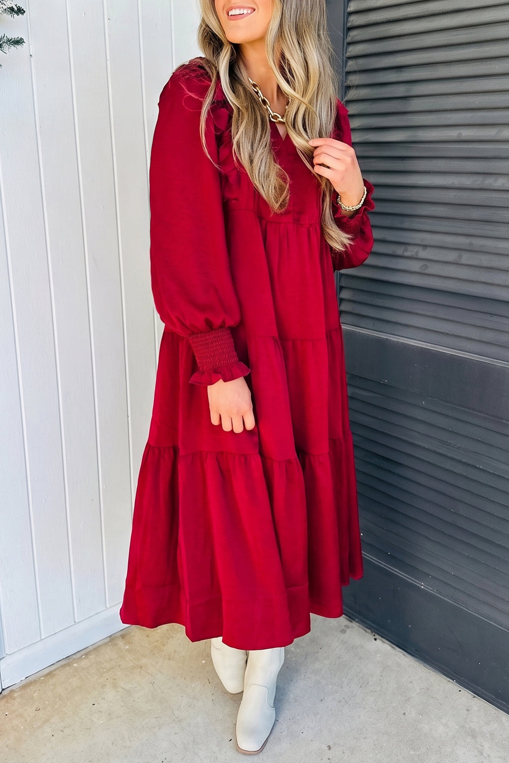 Ruffle-Trim Long-Sleeve Tiered Shift Midi Dress