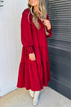 Ruffle-Trim Long-Sleeve Tiered Shift Midi Dress