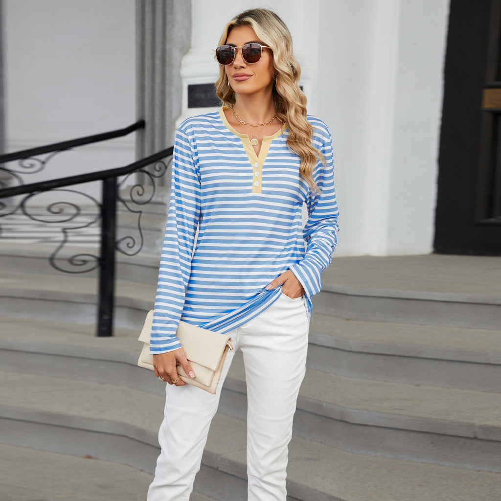 Contrast-Placket Striped Long-Sleeve Henley Top