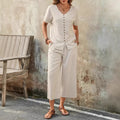 Button-Front Top and Cropped Wide-Leg Pants Set