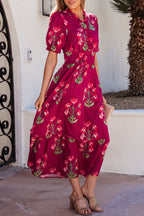 Red Floral Ruffle V Neck Short Sleeve Maxi Dress