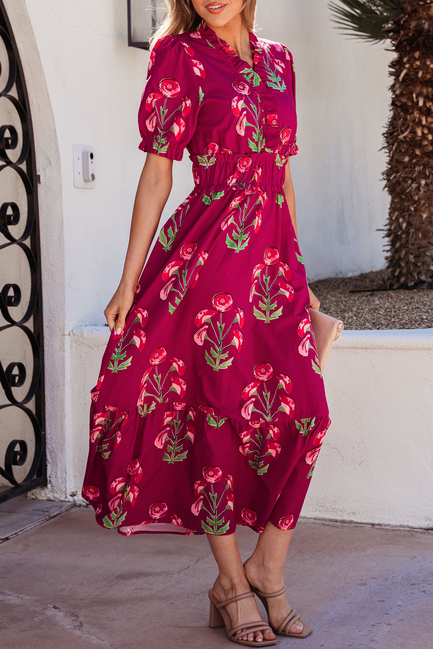 Red Floral Ruffle V Neck Short Sleeve Maxi Dress