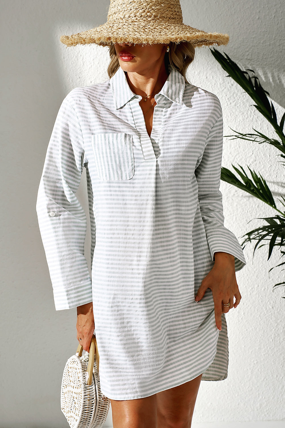 Striped Collared Long-Sleeve Beach Cover-Up