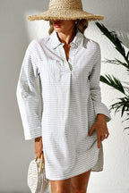 Striped Collared Long-Sleeve Beach Cover-Up