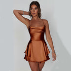 Cowl-Neck Lace-Up Back Satin Ruffle Mini Dress
