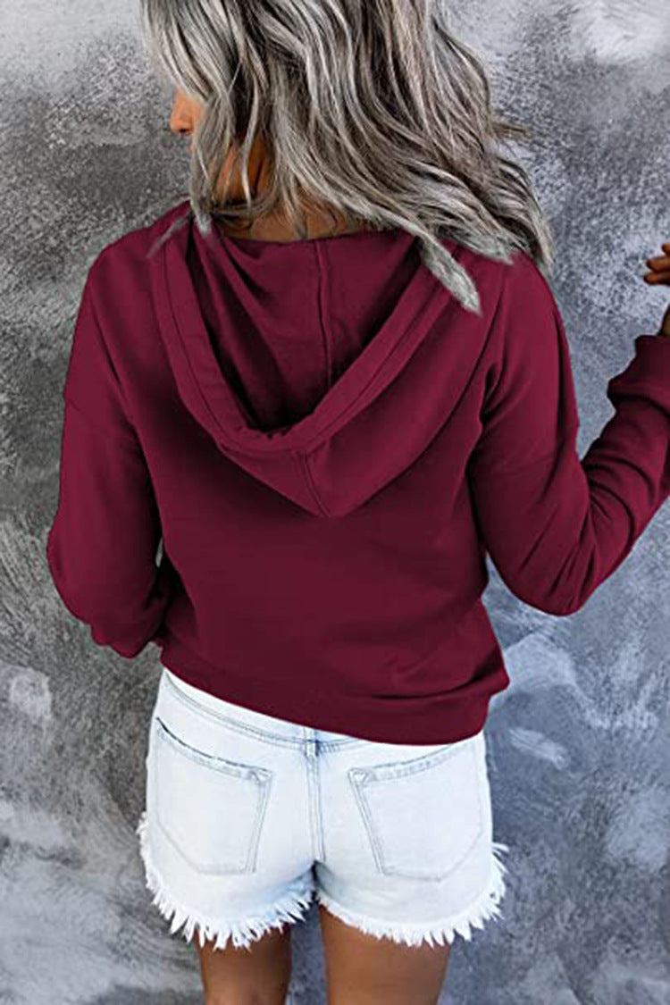Button-Placket Drawstring Hooded Sweatshirt