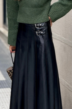 Faux Leather Buckle-Detail Pleated Midi Skirt