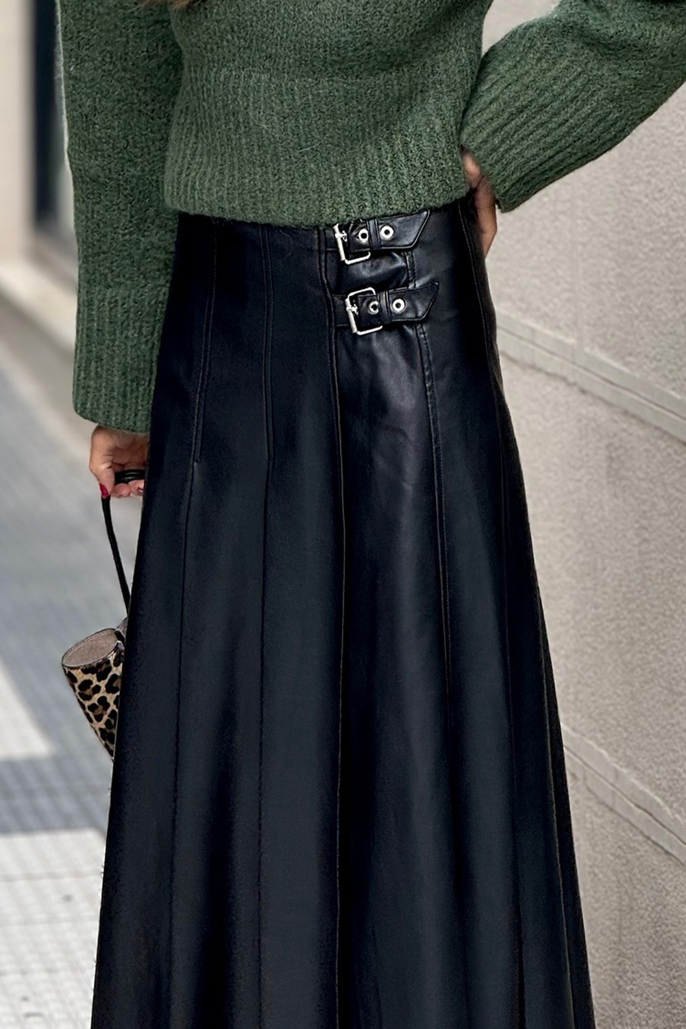 Faux Leather Buckle-Detail Pleated Midi Skirt