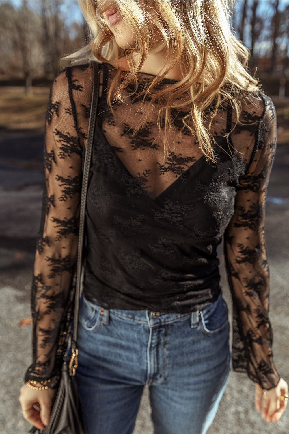 Lace and Mesh Slim-Fit Long-Sleeve Blouse
