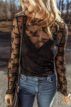 Lace and Mesh Slim-Fit Long-Sleeve Blouse
