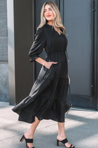 Black Ruffle Sleeve V Neck Tiered Maxi Dress
