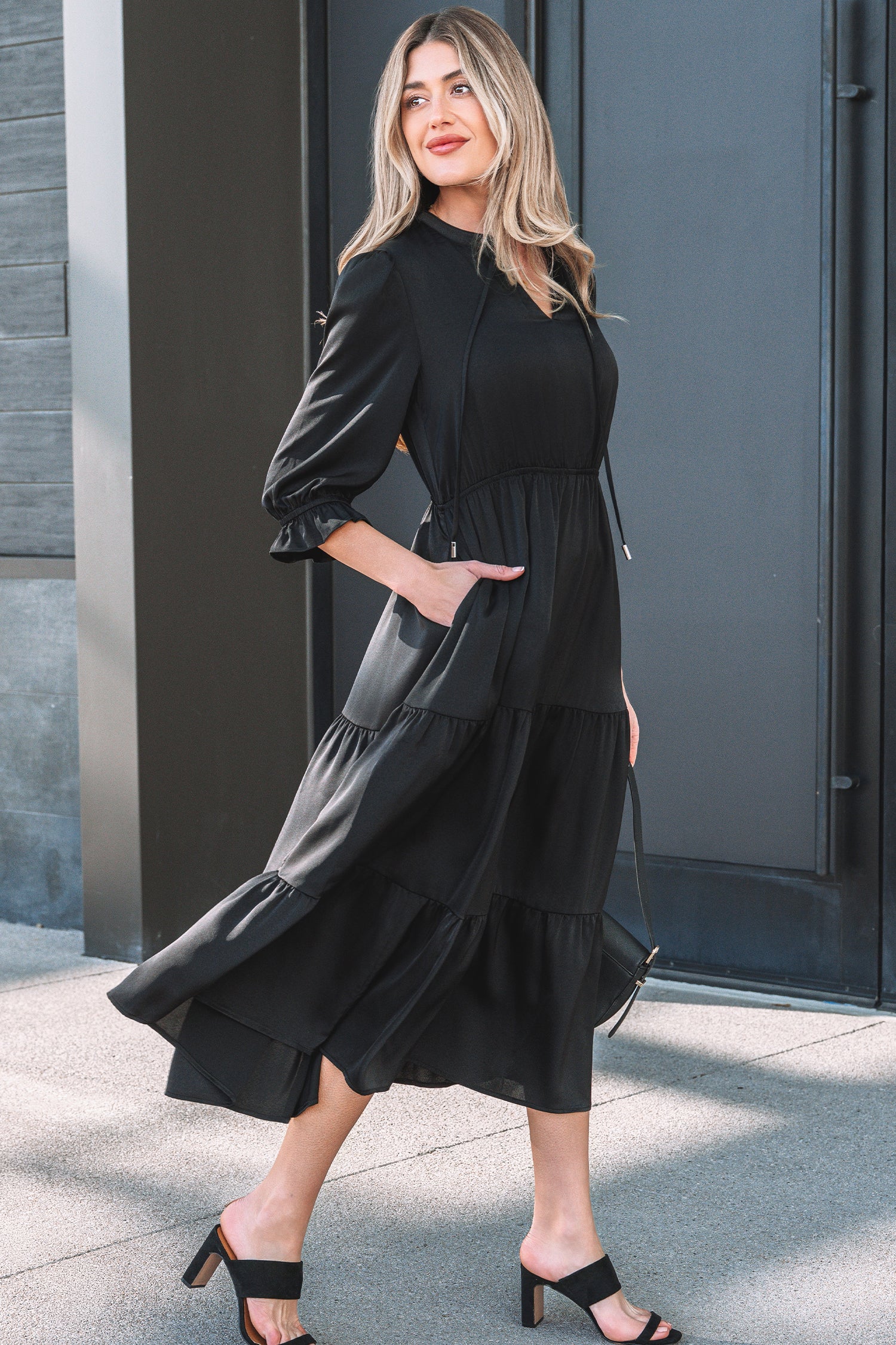 Black Ruffle Sleeve V Neck Tiered Maxi Dress