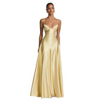 Woman wearing the Modarine lace-back satin maxi evening gown