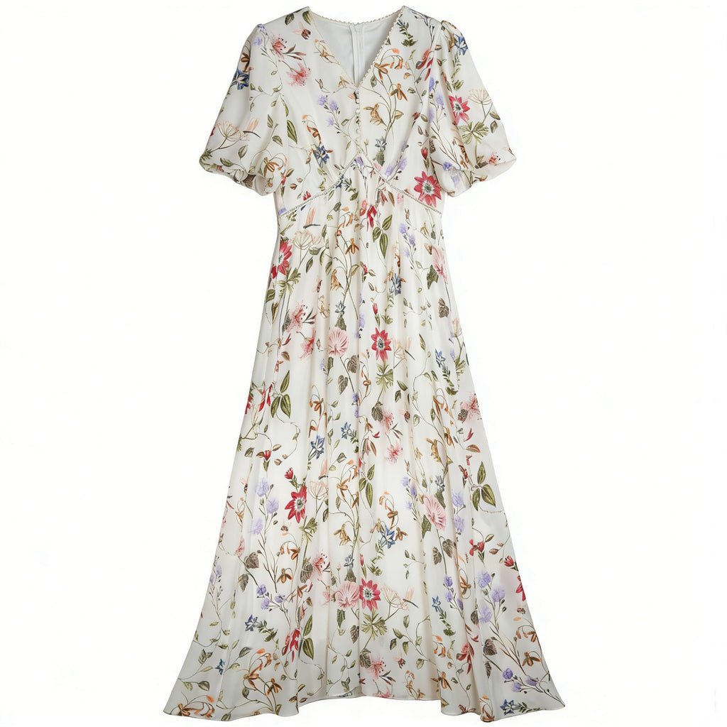 Floral Print Puff-Sleeve Silk Maxi Dress