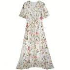 Floral Print Puff-Sleeve Silk Maxi Dress