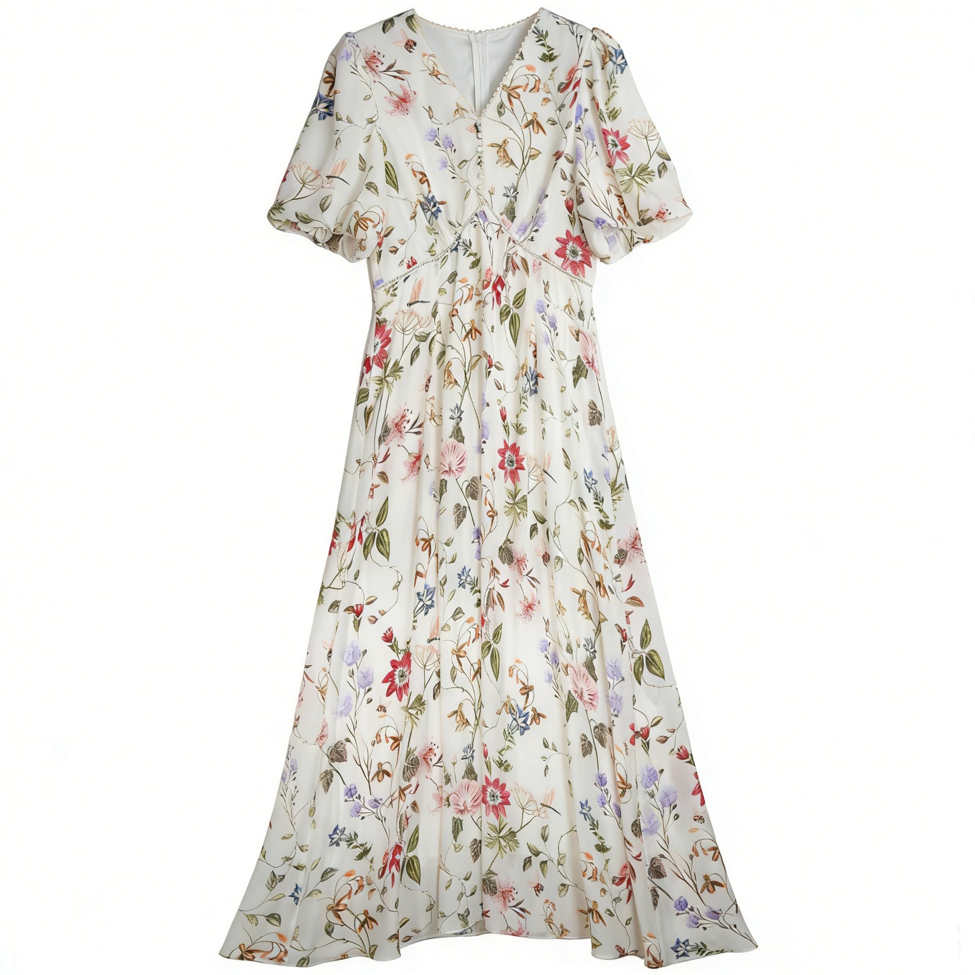 Floral Print Puff-Sleeve Silk Maxi Dress