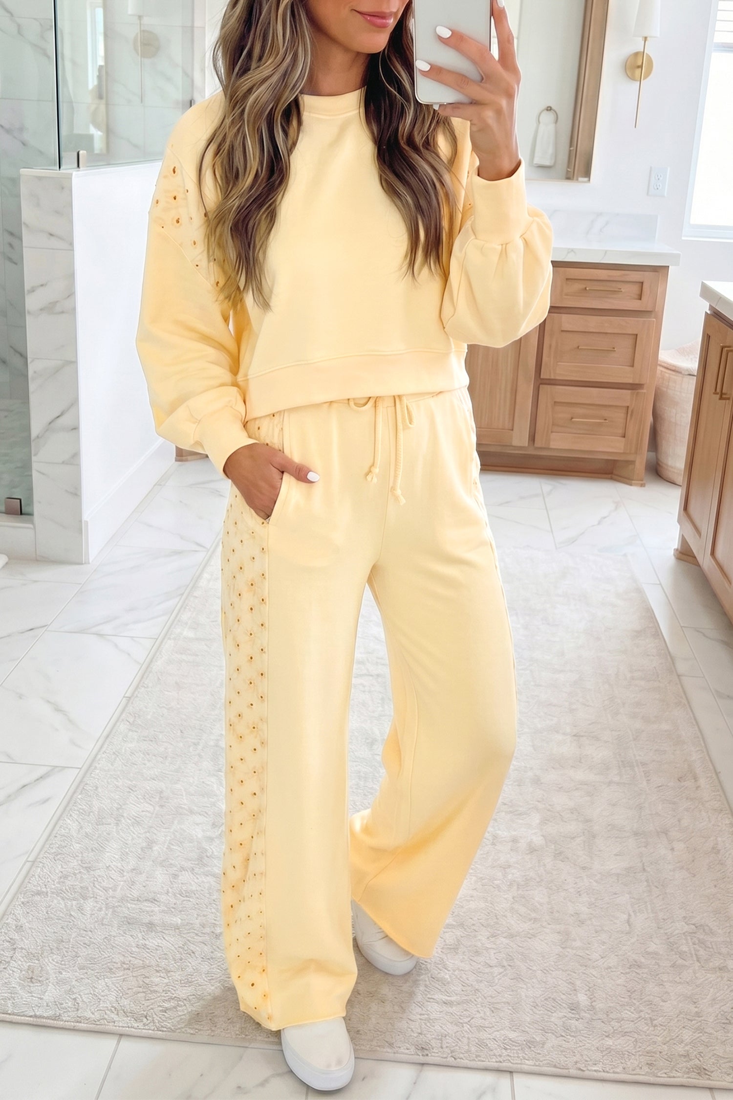 Eyelet Lace Cropped Pullover and Drawstring Pants Set