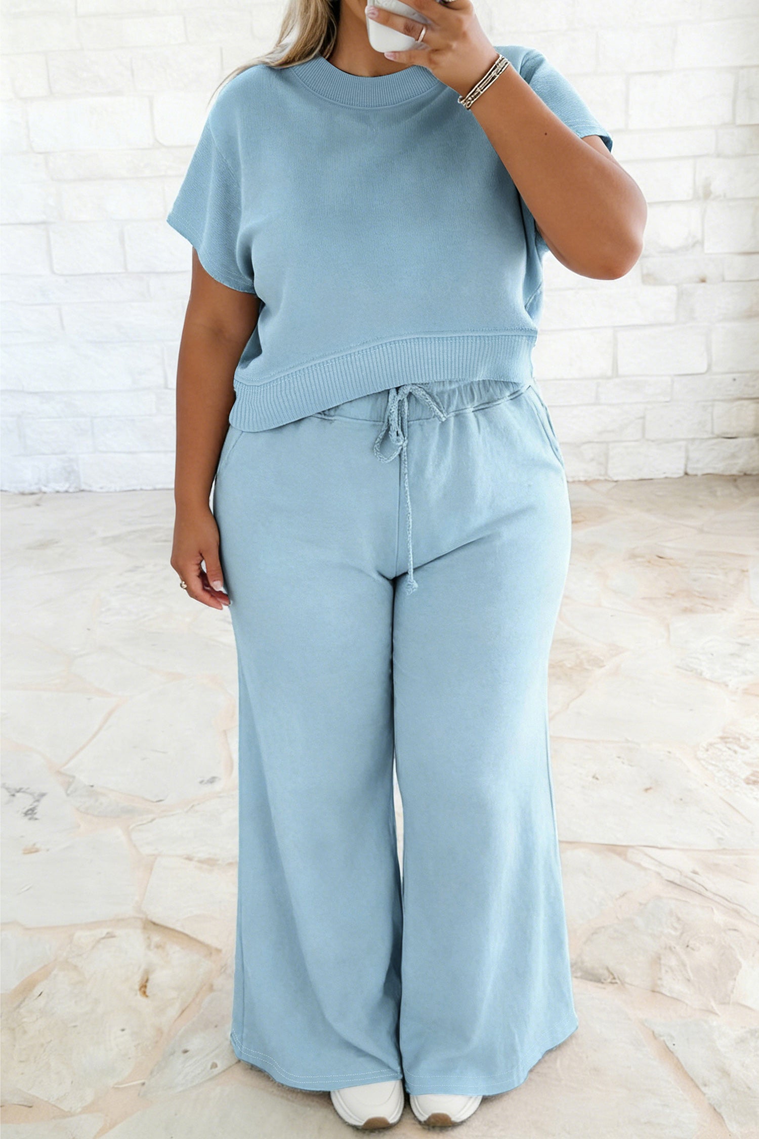 Ribbed-Trim Tee and Drawstring Pants Set