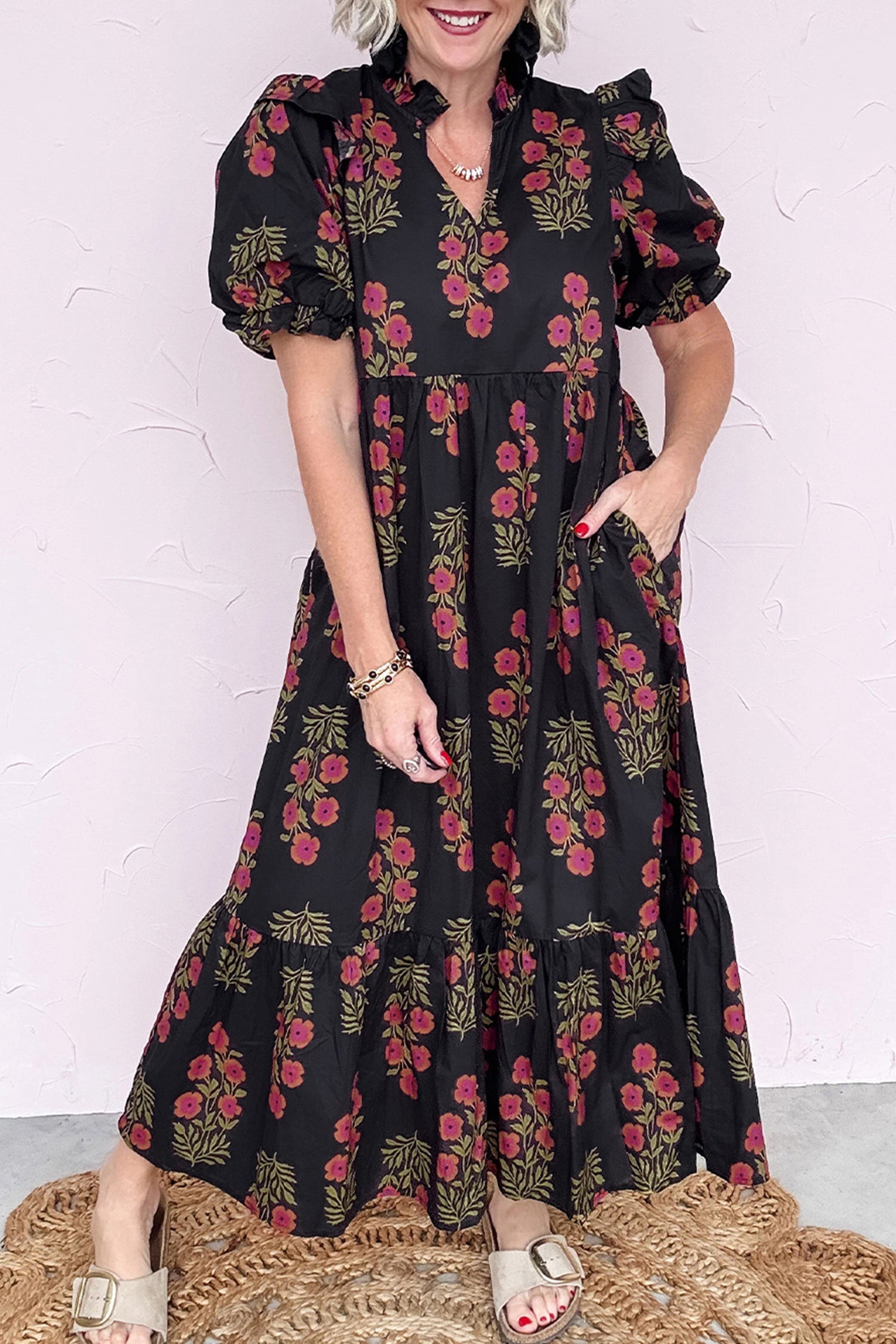 Floral Bubble-Sleeve Tiered Maxi Dress
