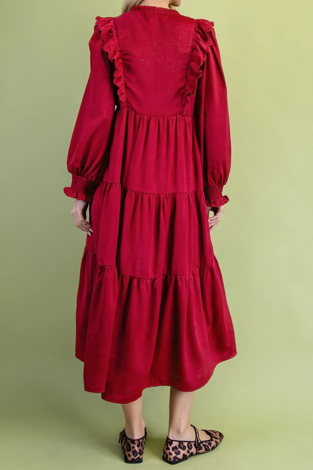 Ruffle-Trim Long-Sleeve Tiered Shift Midi Dress