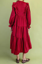 Ruffle-Trim Long-Sleeve Tiered Shift Midi Dress