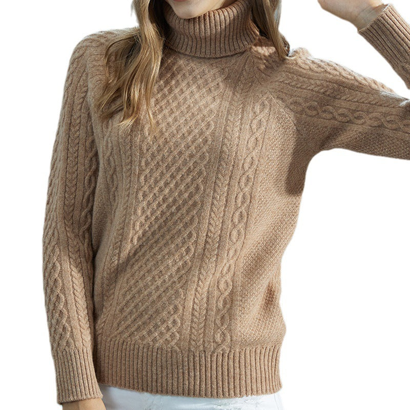 High-Neck Cable-Knit Wool Sweater