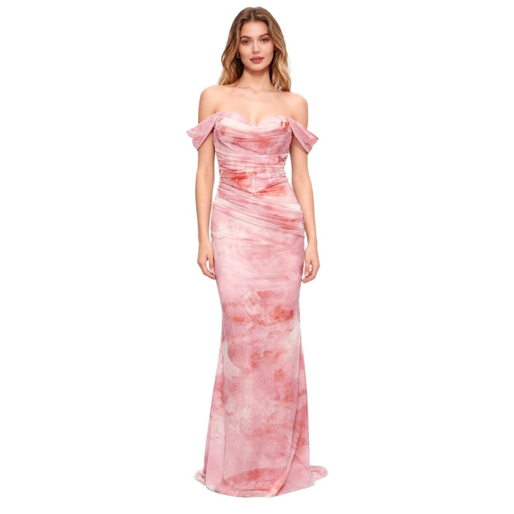 Off-Shoulder Ruched Watercolor-Print Dress