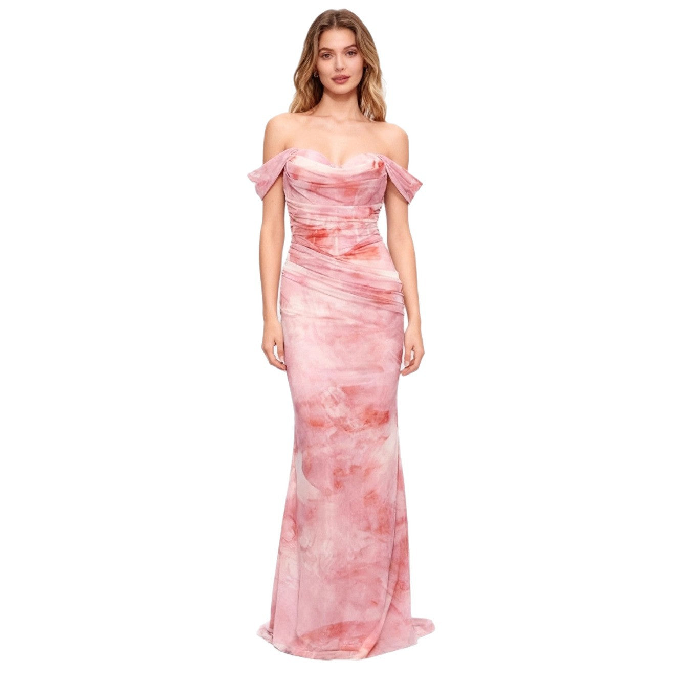 Off-Shoulder Ruched Watercolor-Print Dress