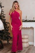 One-Shoulder Sequin Gown with Thigh Slit