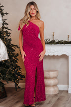 One-Shoulder Sequin Gown with Thigh Slit