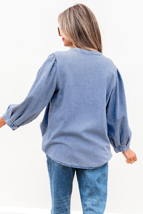 Blue Denim Pintuck Bow Tie Puff Sleeve Top
