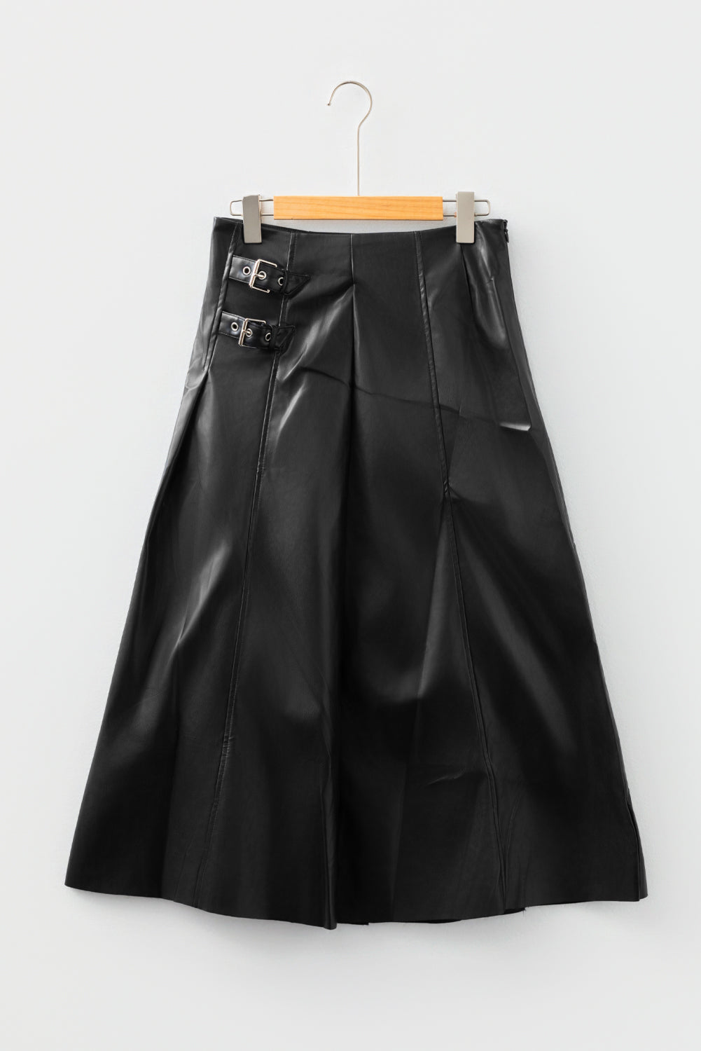 Faux Leather Buckle-Detail Pleated Midi Skirt