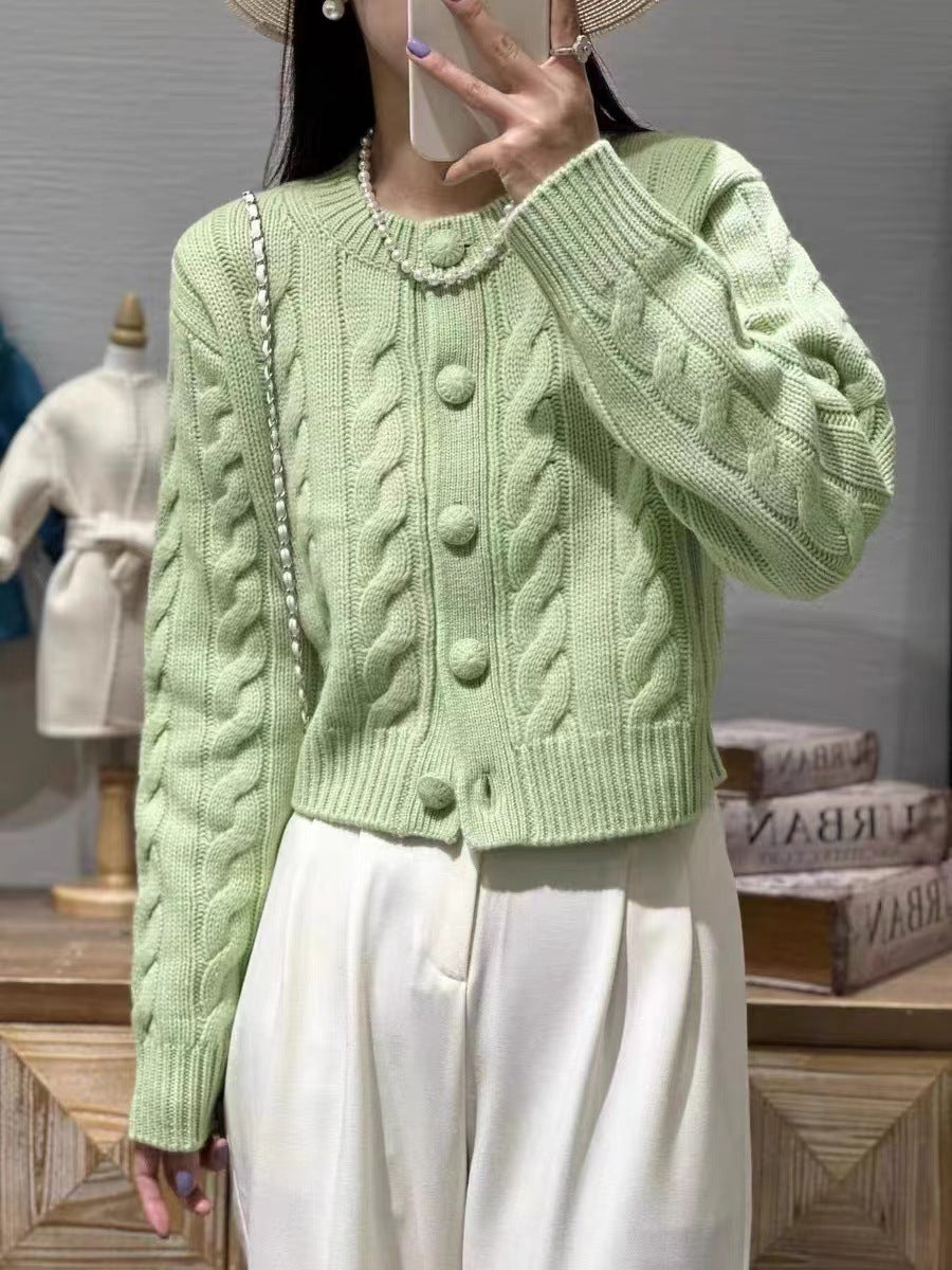 Round-Neck Wool Knit Cardigan