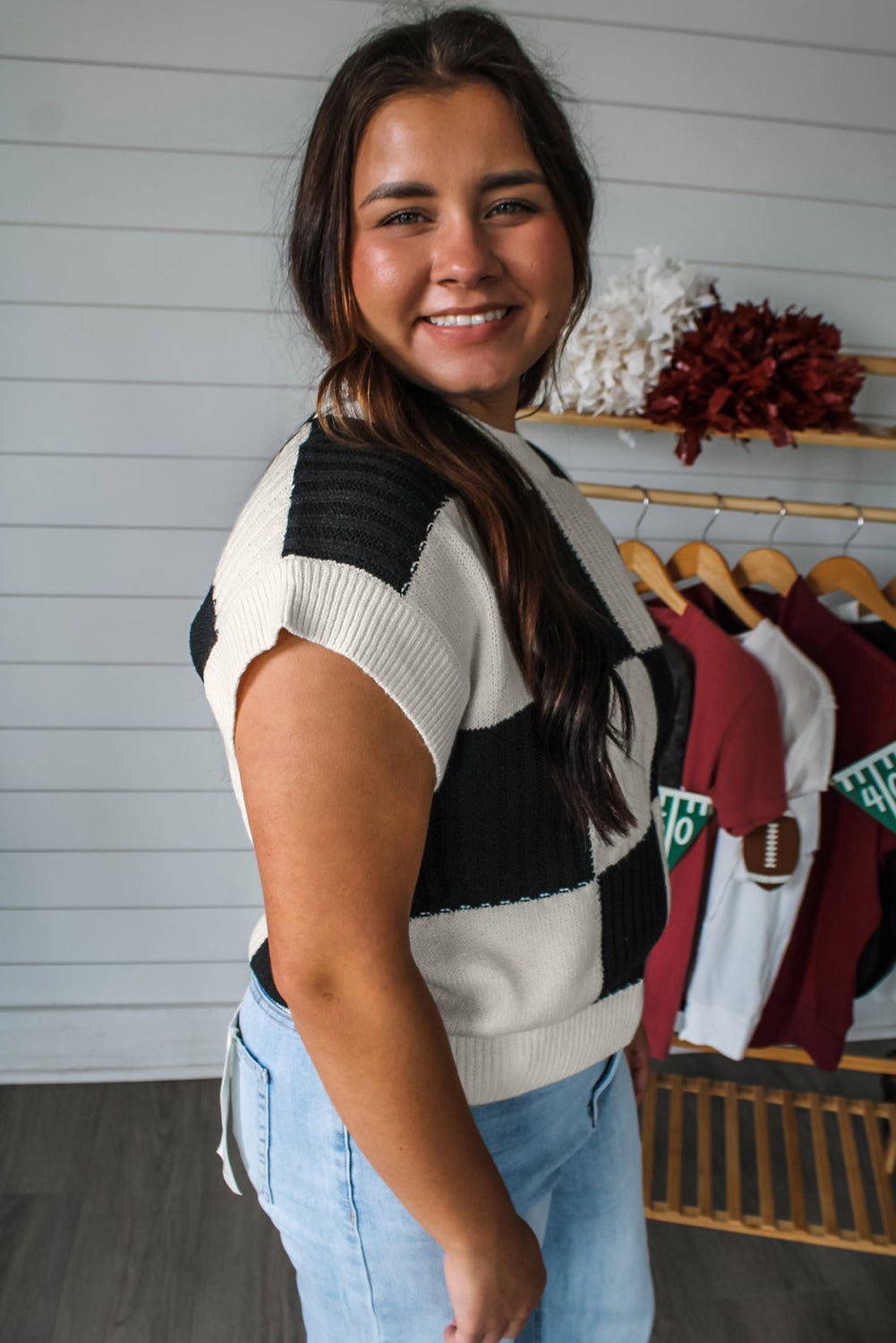 Checkered Color-Block Short Sleeve Sweater