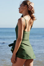 Square-Neck Side-Tied A-Line Swim Dress