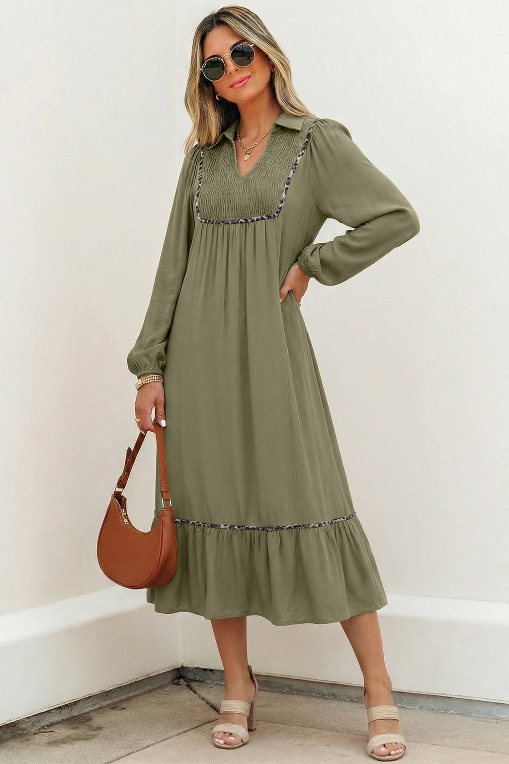 Collared V Neck Smocked Leopard Trim Long Dress