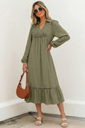 Collared V Neck Smocked Leopard Trim Long Dress