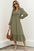 Collared V Neck Smocked Leopard Trim Long Dress