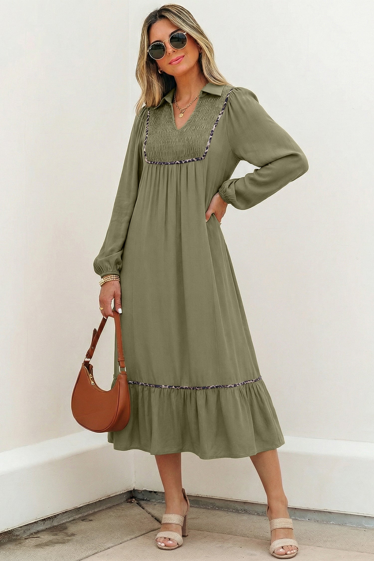 Collared V Neck Smocked Leopard Trim Long Dress