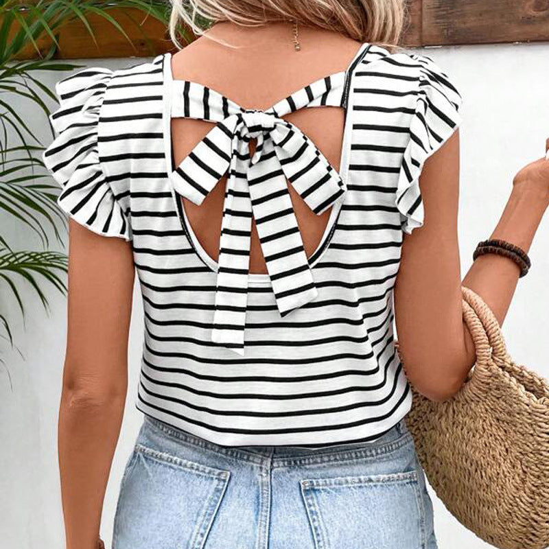Striped Flutter-Sleeve Tie-Back Top