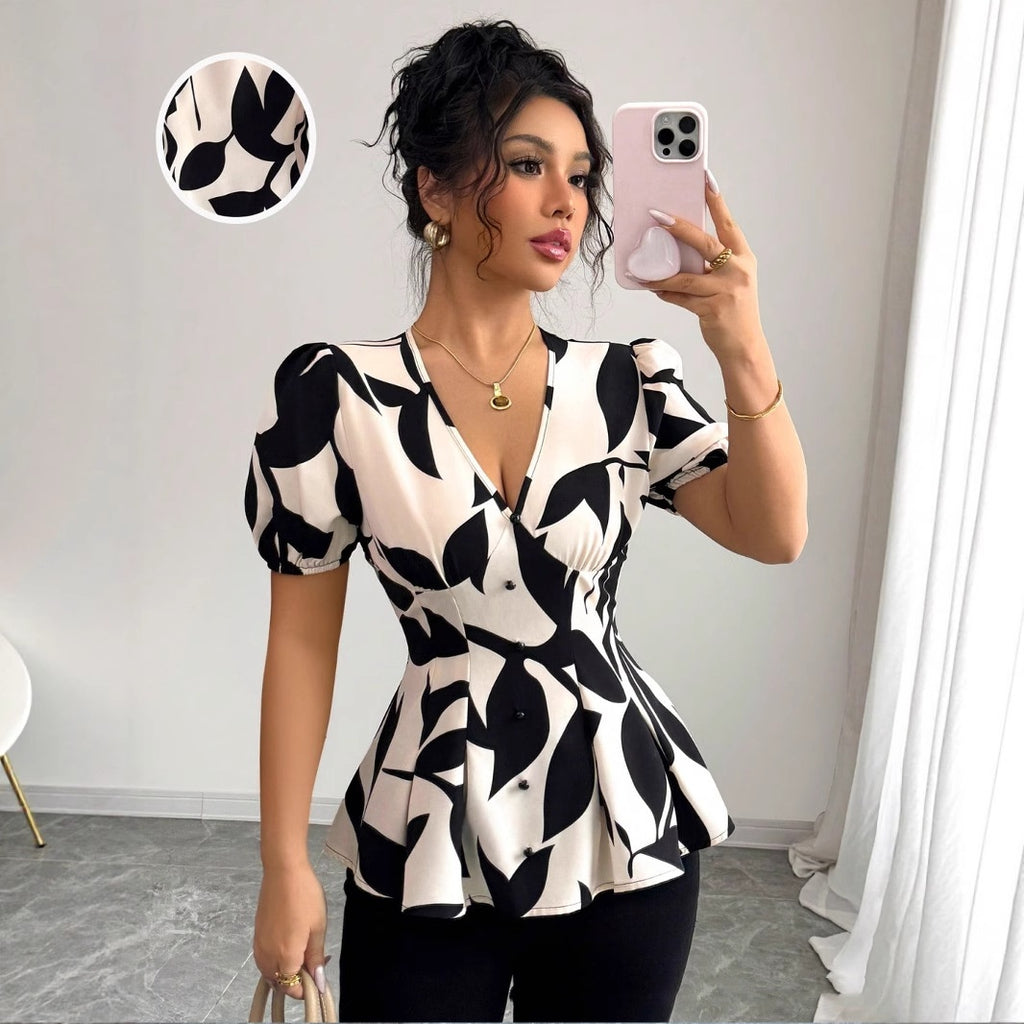 Abstract Print Puff-Sleeve Peplum Blouse