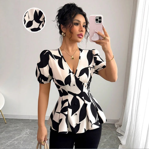 Abstract Print Puff-Sleeve Peplum Blouse