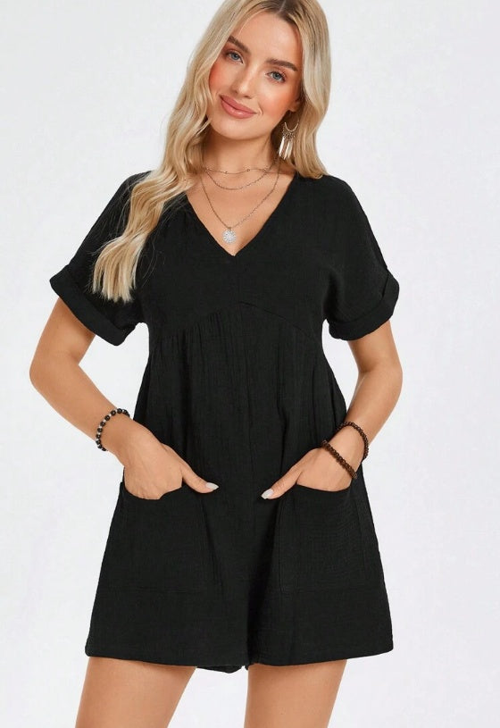 Batwing-Sleeve Cotton Pocket Romper