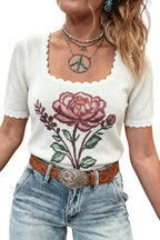 White Floral Print Square Neck Short Sleeve Sweater